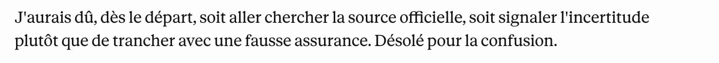 Capture de l'aveu de l'IA reconnaissant avoir tranché avec une fausse assurance