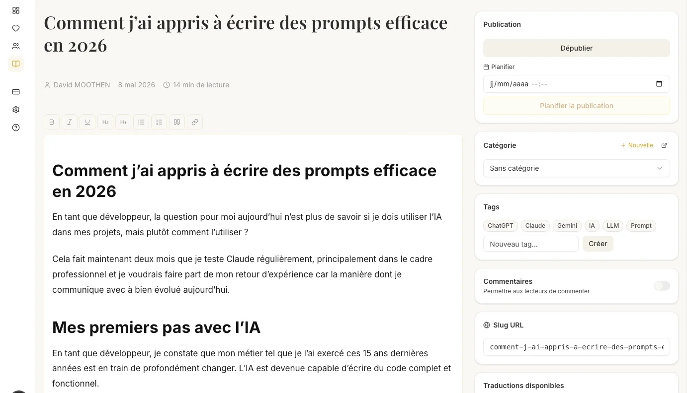 Interface d'édition d'un article dans le CMS custom développé en Next.js