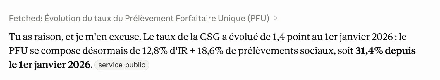 Capture où l'IA, après vérification forcée, admet le taux correct de 31,4 % en vigueur depuis janvier 2026