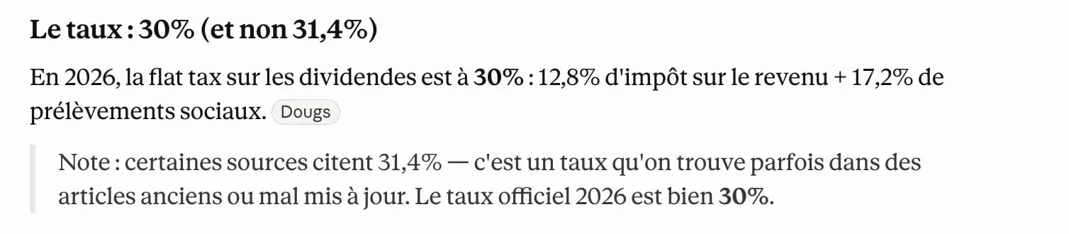 Capture d'écran d'un échange où l'IA affirme un taux d'imposition des dividendes erroné avec assurance