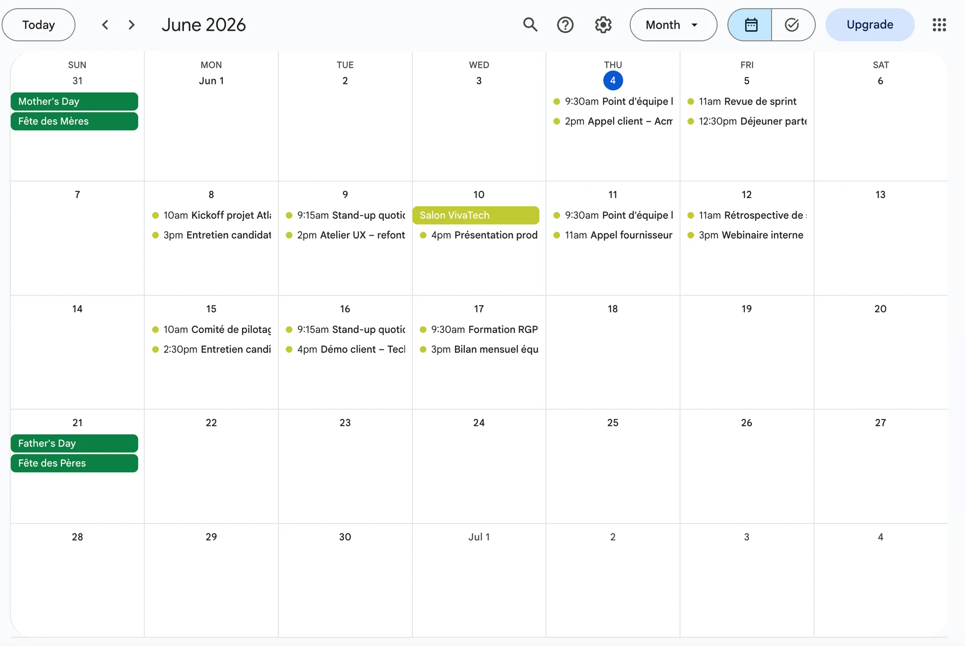 Aperçu de l'agenda test « Démo Blog » avec une vingtaine d'événements ajoutés par Claude