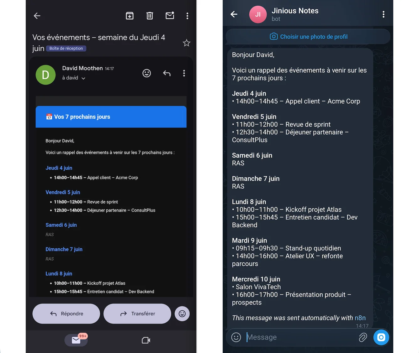 Aperçu du résumé d'agenda reçu sur Telegram et par mail, avec un formatage différent selon le canal