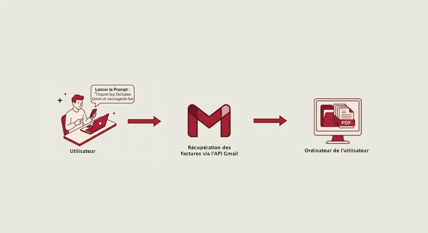 Schéma en trois étapes du processus de récupération automatique des factures : un utilisateur lance un prompt depuis son ordinateur, les factures sont extraites via l'API Gmail, puis sauvegardées en PDF sur l'ordinateur de l'utilisateur.