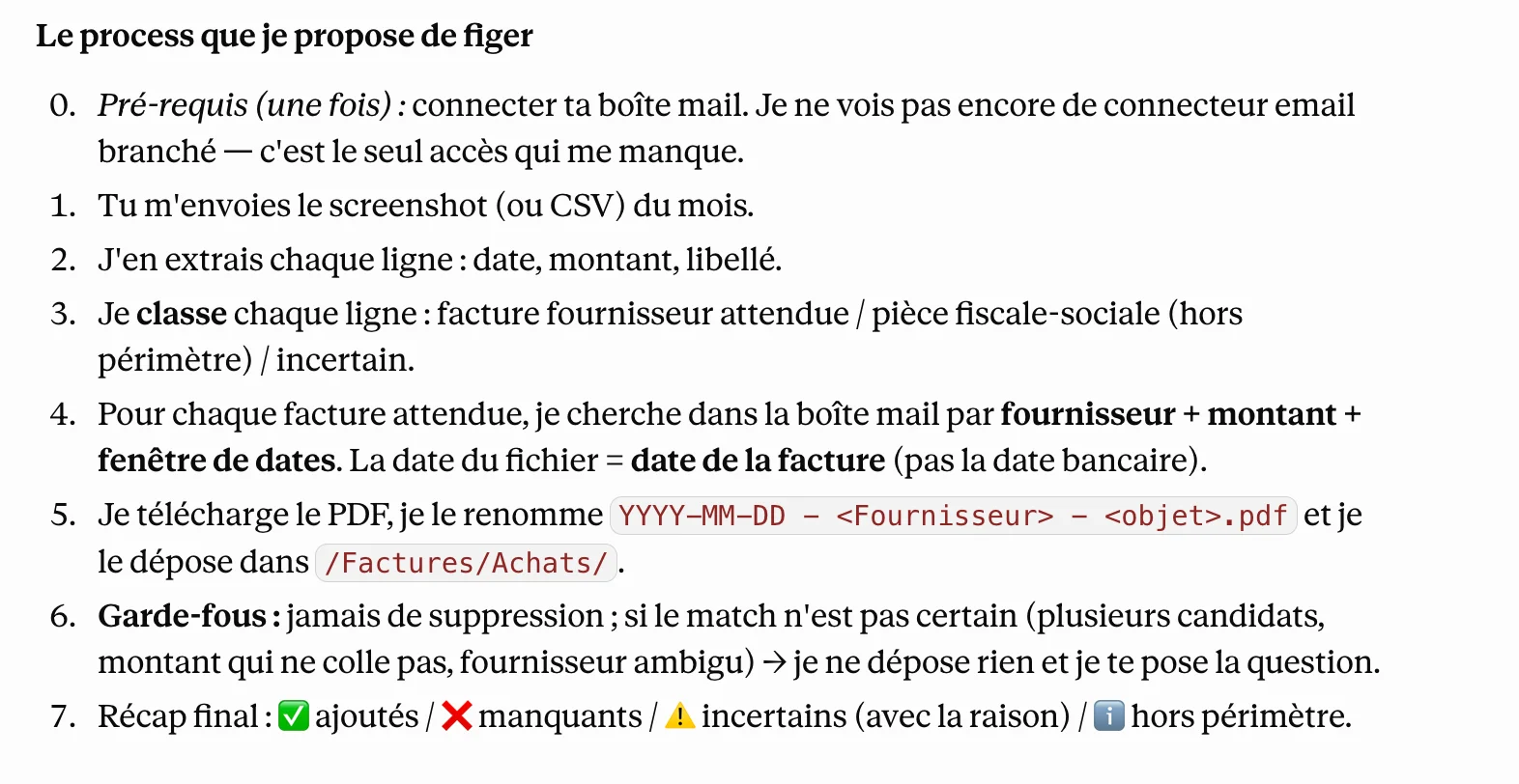 Liste des 8 étapes du process de récupération des factures, des pré-requis aux garde-fous et au récap final.