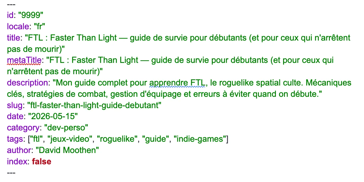 Exemple de frontmatter YAML (id, slug, locale, tags, index) en tête d'un article rédigé dans Google Docs